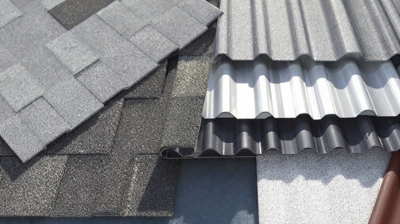 Different types of roofing materials including asphalt shingles, metal sheets, and TPO membranes, highlighting options for durable and stylish roofing solutions.